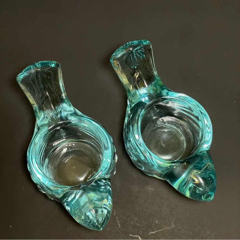 Crate & Barrel Tweet Votive Candle Holders Aqua Glass Birds Set of 2